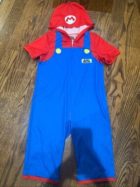 Nintendo Red Hooded Mario Romper with Blue Overalls